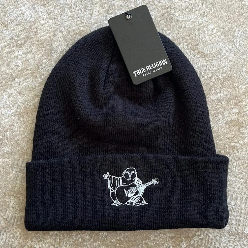 Brand New True Religion Black Knit Beanie Cap Stretch Cuffed Hat Embroidered